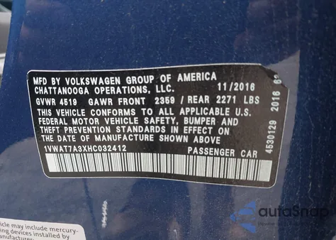 2017 Volkswagen Passat 1.8T S from USA, damaged, VIN 1VWAT7A3XHC032412